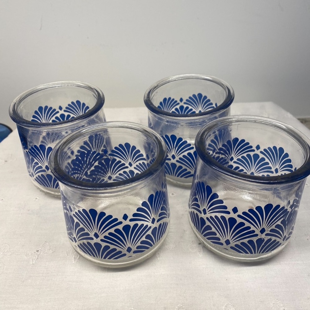 4 Vintage Collectible Oui Glass Yogurt Cups with Blue Filagree design.